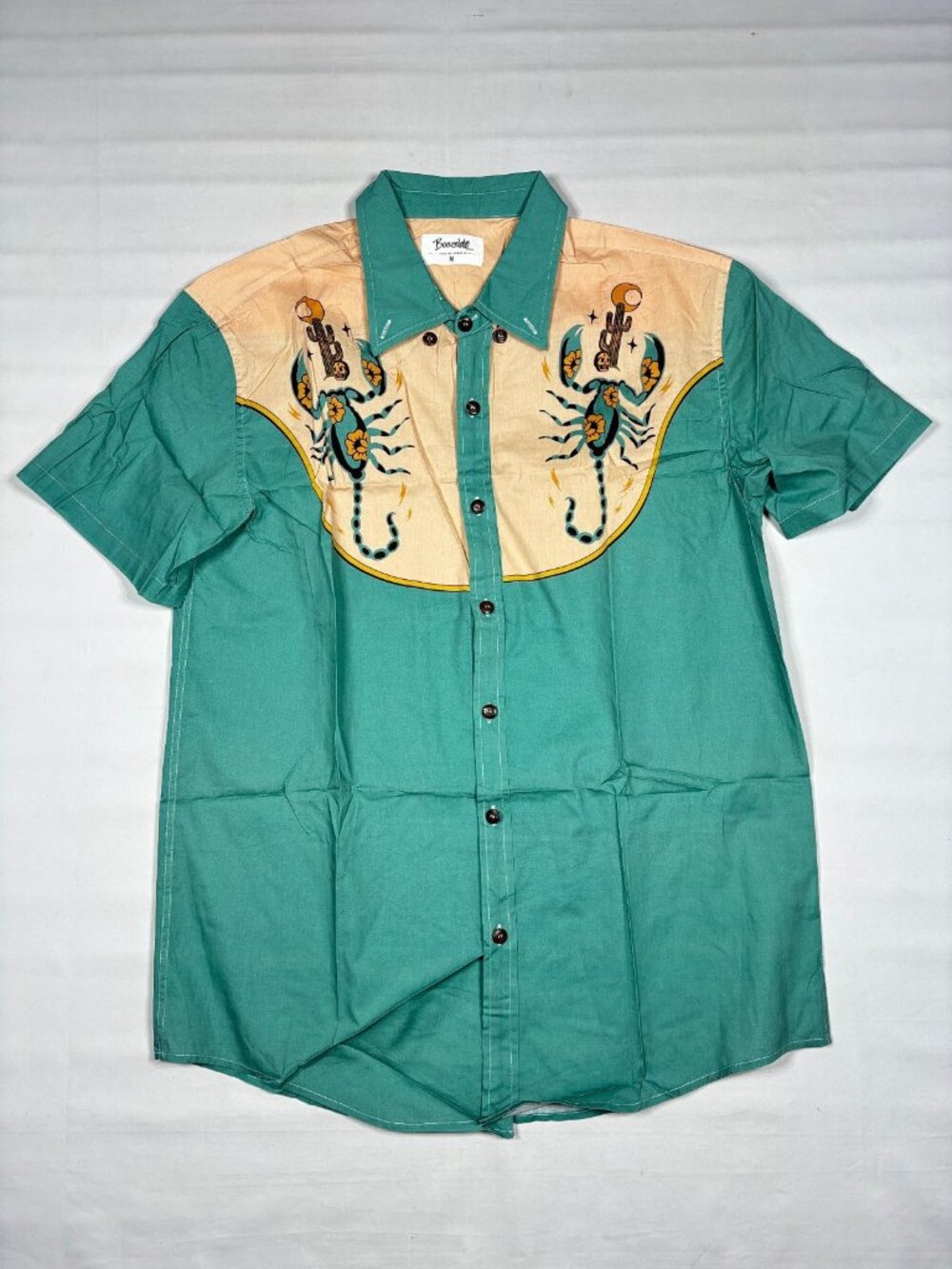 Boozelele Western Cactus & Scorpions Shirt Medium Teal Orange Cotton Retro NWOT